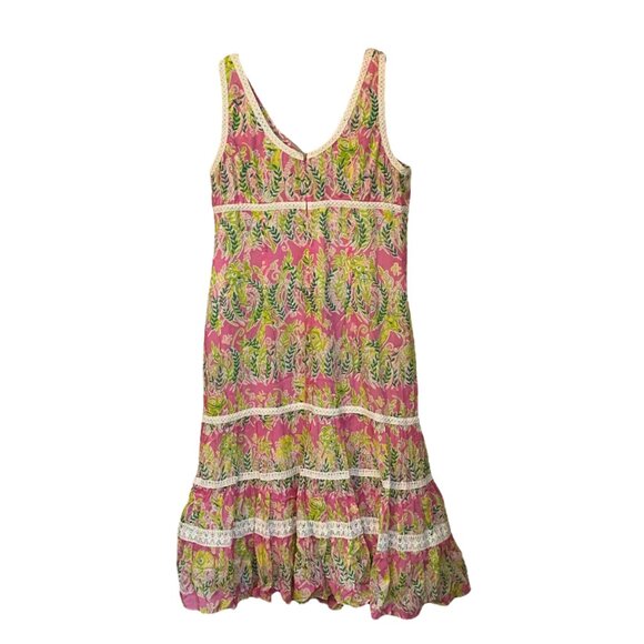 Vintage Lilly Pulitzer Shift Boho Crochet Edging Midi Dress 12 Ruffle Vacation - Picture 3 of 10